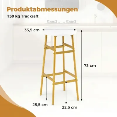 Sada 2 barových židlí, kulatá lněná barová židle s podnožkou, kuchyňská židle s kovovým rámem, bílá