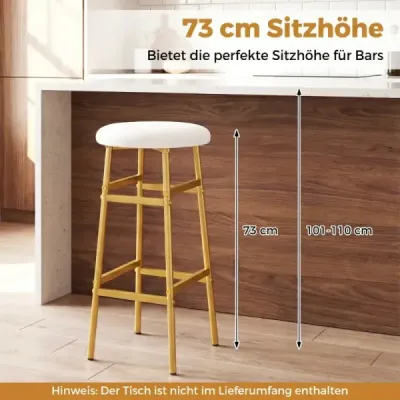 Sada 2 barových židlí, kulatá lněná barová židle s podnožkou, kuchyňská židle s kovovým rámem, bílá