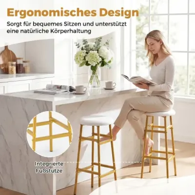Sada 2 barových židlí, kulatá lněná barová židle s podnožkou, kuchyňská židle s kovovým rámem, bílá