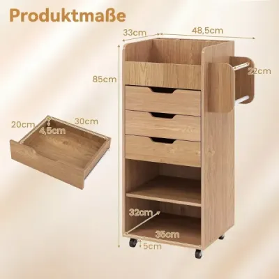 Pojízdný kontejner se 3 zásuvkami, 2 pojízdnými tyčemi a 3 přihrádkami, řemeslný vozík, 48,5 x 33,5 x 85,5 cm, přírodní