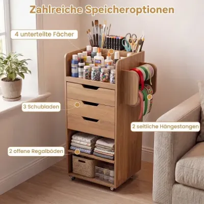 Pojízdný kontejner se 3 zásuvkami, 2 pojízdnými tyčemi a 3 přihrádkami, řemeslný vozík, 48,5 x 33,5 x 85,5 cm, přírodní