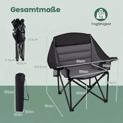 Velká kempingová židle, skládací kempingové křeslo se sedákem a držákem na nápoje, nosnost až 230 kg, černá