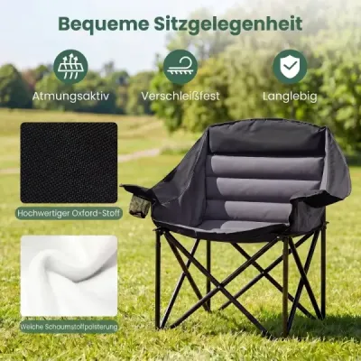 Velká kempingová židle, skládací kempingové křeslo se sedákem a držákem na nápoje, nosnost až 230 kg, černá