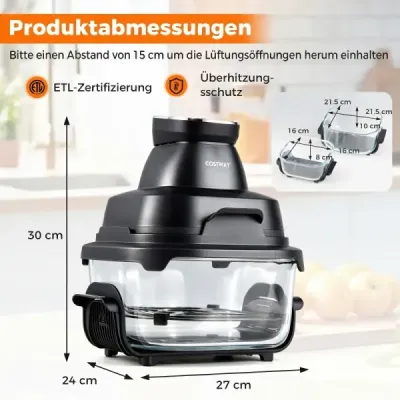 Přenosná fritéza 6 v 1 – smažení horkým vzduchem a pečení, skleněné nádoby o objemu 4 l a 1,7 l, 1500 W, černá