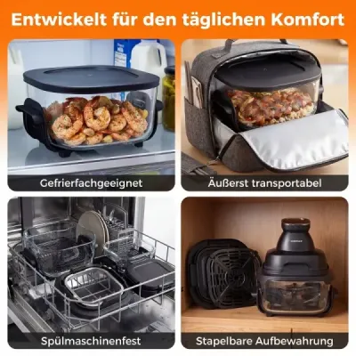 Přenosná fritéza 6 v 1 – smažení horkým vzduchem a pečení, skleněné nádoby o objemu 4 l a 1,7 l, 1500 W, černá