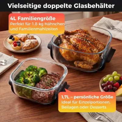 Přenosná fritéza 6 v 1 – smažení horkým vzduchem a pečení, skleněné nádoby o objemu 4 l a 1,7 l, 1500 W, černá