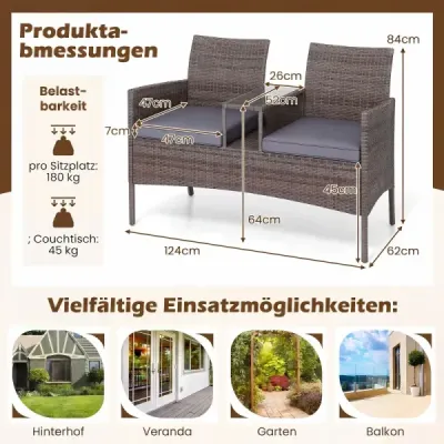 Zahradní lavička se stolem, 2místná, z polyrotanu, sedací souprava, lavička, zahradní nábytek, terasový nábytek, šedá
