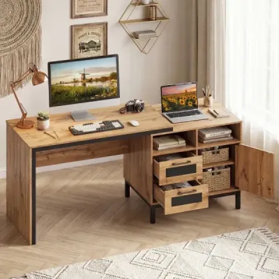 Počítačový stůl ze dřeva s 2 otevřenými přihrádkami, 2 zásuvkami a jednodveřovou skříňkou, rozměry 181 x 60 x 76 cm