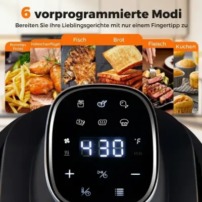 Přenosná fritéza 6 v 1 – smažení horkým vzduchem a pečení, skleněné nádoby o objemu 4 l a 1,7 l, 1500 W, černá