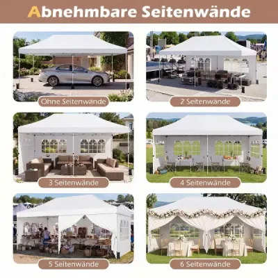 Skládací altán 3 × 6 m se 4 bočními stěnami, zahradní altán s nastavitelnou výškou, pop-up altán, bílý
