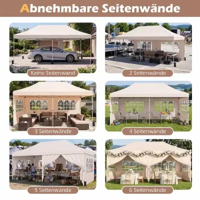 Skládací altán 3 × 6 m se 4 bočními stěnami, zahradní altán s nastavitelnou výškou, pop-up altán, béžový