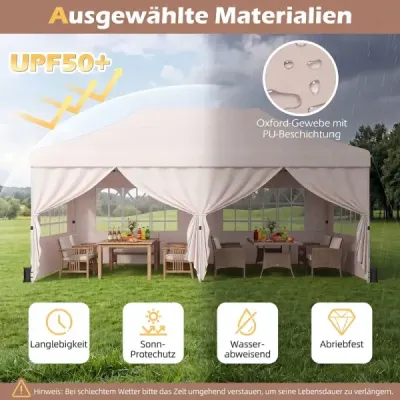 Skládací altán 3 × 6 m se 4 bočními stěnami, zahradní altán s nastavitelnou výškou, pop-up altán, béžový