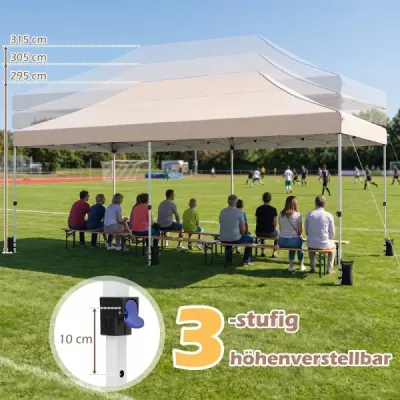 Skládací altán 3 × 6 m se 4 bočními stěnami, zahradní altán s nastavitelnou výškou, pop-up altán, béžový