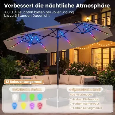 Dvojitý slunečník 400 x 210 cm, slunečník s LED osvětlením, obdélníkový zahradní slunečník, hnědý