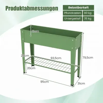 Kovový vyvýšený záhon, vyvýšený květináč s podpěrnými nohami, květináč s policí a drenážním otvorem, 95 x 31 x 80 cm