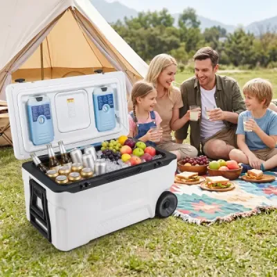 Chladicí box 70 l Velký plastový termobox s kolečky a rukojetí Izolační box s odtokovou zátkou, bílý