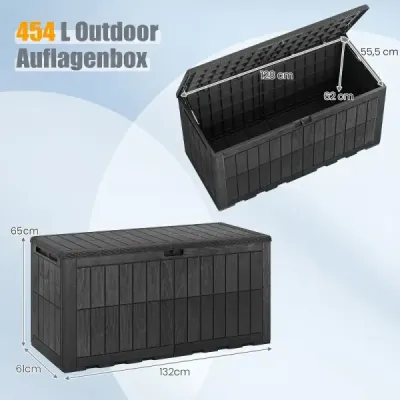 Odolný box na matrace 455 l – venkovní úložný box s uzamykatelným víkem a plynovými vzpěrami, černý