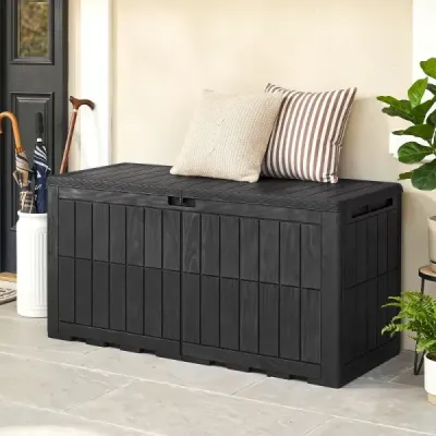 Odolný box na matrace 455 l – venkovní úložný box s uzamykatelným víkem a plynovými vzpěrami, černý