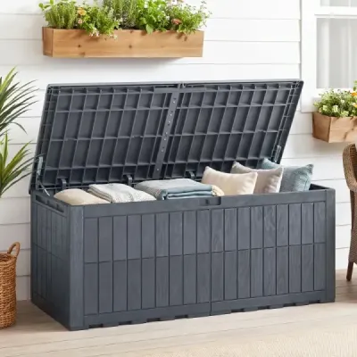 Odolný box na matrace 680 l – venkovní úložný box s uzamykatelným víkem a plynovými vzpěrami, šedý