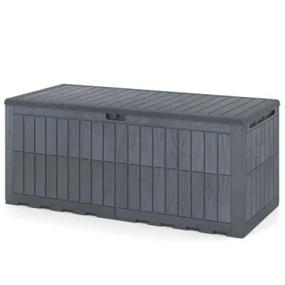 Odolný box na matrace 680 l – venkovní úložný box s uzamykatelným víkem a plynovými vzpěrami, šedý