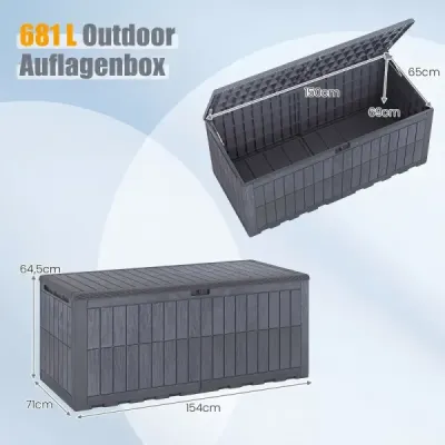 Odolný box na matrace 680 l – venkovní úložný box s uzamykatelným víkem a plynovými vzpěrami, šedý