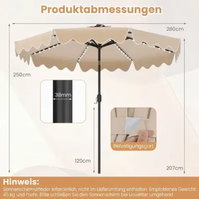 Slunečník 270 cm s LED solárním osvětlením, větruodolný tržní slunečník s 8 žebry, béžový