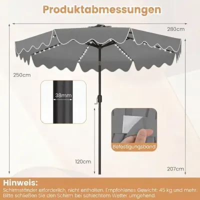 Slunečník 270 cm s LED solárním osvětlením, větruodolný tržní slunečník s 8 žebry, šedý