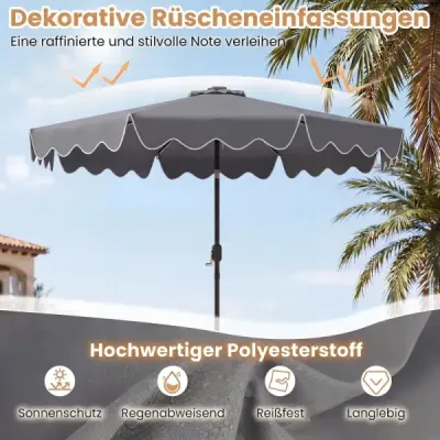 Slunečník 270 cm s LED solárním osvětlením, větruodolný tržní slunečník s 8 žebry, šedý
