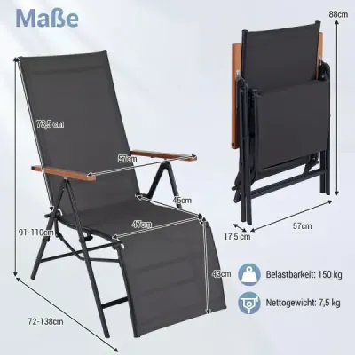 Skládací lehátko/ležadlo s nastavitelným opěradlem, nosnost až 150 kg, černá