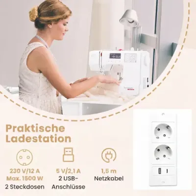 Šicí stůl na kolečkách, skládací skříňka na šicí stroj s nabíjecí stanicí, 2 zásuvky, bílý