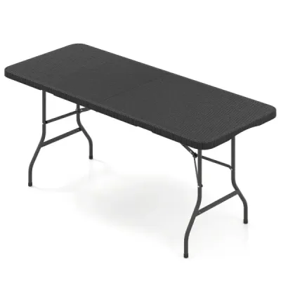 Skládací zahradní stůl v ratanovém vzhledu s HDPE deskou a rukojetí, kempingový stůl, černý
