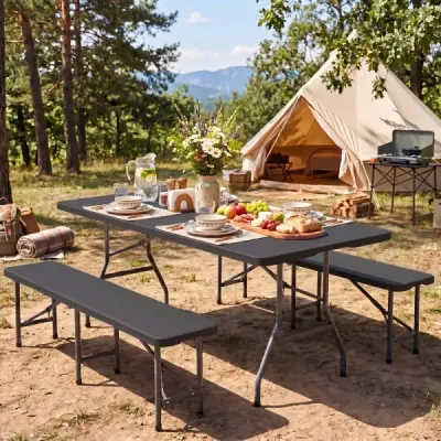 Skládací zahradní stůl 180 x 74 cm, kempingový stůl s HDPE deskou a rukojetí, černý