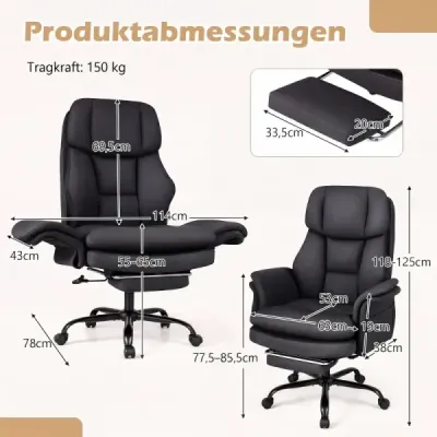 Ergonomická kancelářská židle, výškově nastavitelná manažerská židle s 5 kolečky a výsuvnou opěrkou nohou, černá