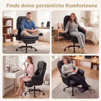 Ergonomická kancelářská židle, výškově nastavitelná manažerská židle s 5 kolečky a výsuvnou opěrkou nohou, černá