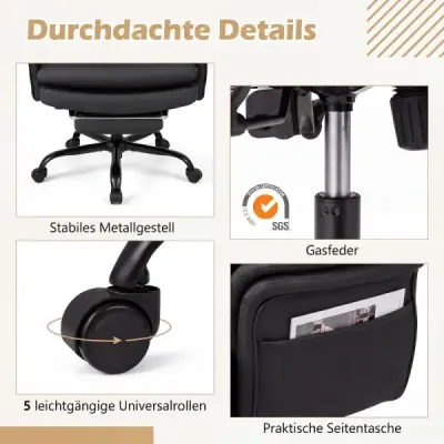 Ergonomická kancelářská židle, výškově nastavitelná manažerská židle s 5 kolečky a výsuvnou opěrkou nohou, černá