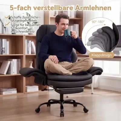 Ergonomická kancelářská židle, výškově nastavitelná manažerská židle s 5 kolečky a výsuvnou opěrkou nohou, černá