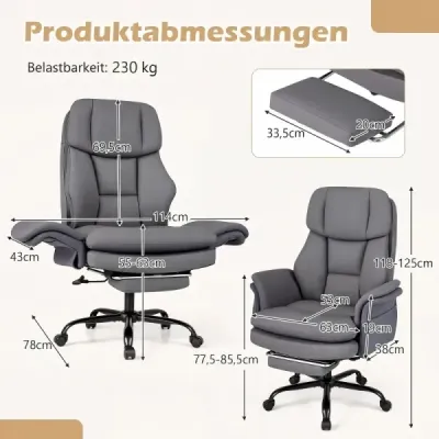 Ergonomická kancelářská židle, výškově nastavitelná manažerská židle s 5 kolečky a výsuvnou opěrkou nohou, sivá