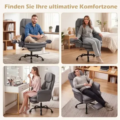 Ergonomická kancelářská židle, výškově nastavitelná manažerská židle s 5 kolečky a výsuvnou opěrkou nohou, sivá