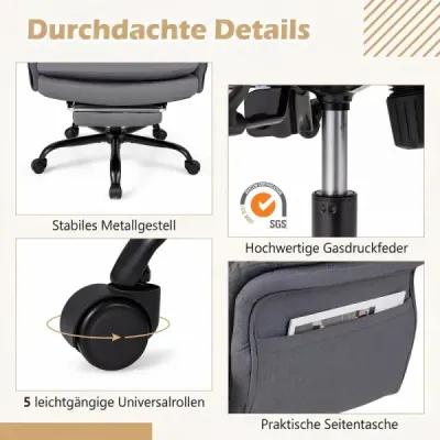 Ergonomická kancelářská židle, výškově nastavitelná manažerská židle s 5 kolečky a výsuvnou opěrkou nohou, sivá