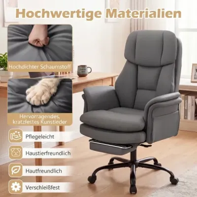 Ergonomická kancelářská židle, výškově nastavitelná manažerská židle s 5 kolečky a výsuvnou opěrkou nohou, sivá