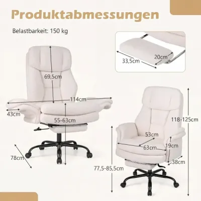 Ergonomická kancelářská židle, výškově nastavitelná manažerská židle s 5 kolečky a výsuvnou opěrkou nohou, bílá