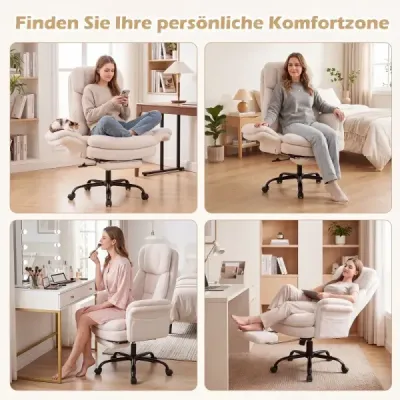 Ergonomická kancelářská židle, výškově nastavitelná manažerská židle s 5 kolečky a výsuvnou opěrkou nohou, bílá