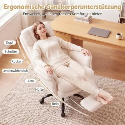 Ergonomická kancelářská židle, výškově nastavitelná manažerská židle s 5 kolečky a výsuvnou opěrkou nohou, bílá