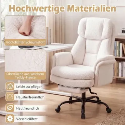 Ergonomická kancelářská židle, výškově nastavitelná manažerská židle s 5 kolečky a výsuvnou opěrkou nohou, bílá