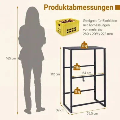 Stojan na nápojové bedny pro 4 bedny, kovový stojan na nápoje s otevřeným úložným prostorem a 2 hlavními přihrádkami