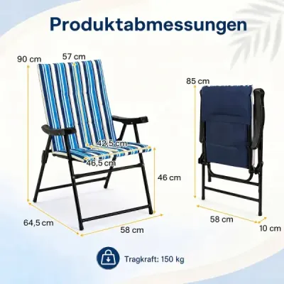 Sada 2 ks skládacích plážových židlí – kempingové židle s vysokým opěradlem, područkami a širokým sedákem, nosnost až 150 kg