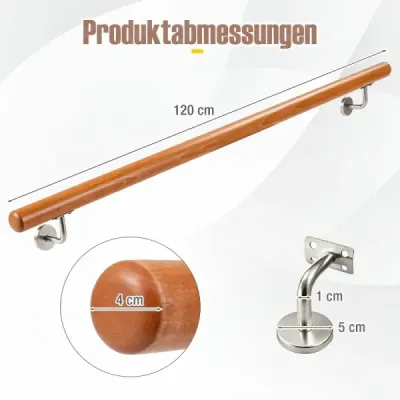 Dřevěné madlo 120 cm, zábradlí na schody, bukové schodové zábradlí s nástěnným držákem