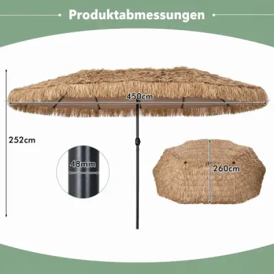 Havajský slaměný slunečník 450 cm s klikou a 12 kovovými žebry, zahradní slunečník s ochranou proti slunci, hnědý