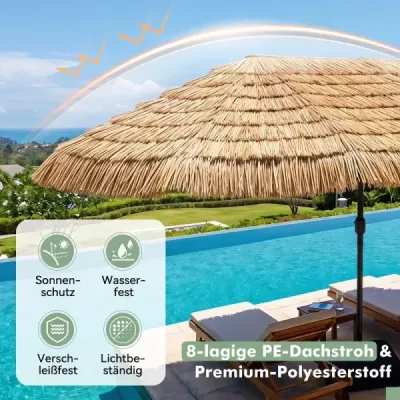 Havajský slaměný slunečník 450 cm s klikou a 12 kovovými žebry, zahradní slunečník s ochranou proti slunci, hnědý