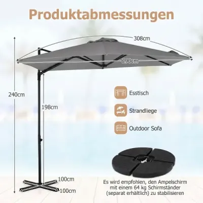 290 cm konzolový slunečník se stojanem, klikou a dvojitou stříškou, otočný o 360° na balkón, šedý